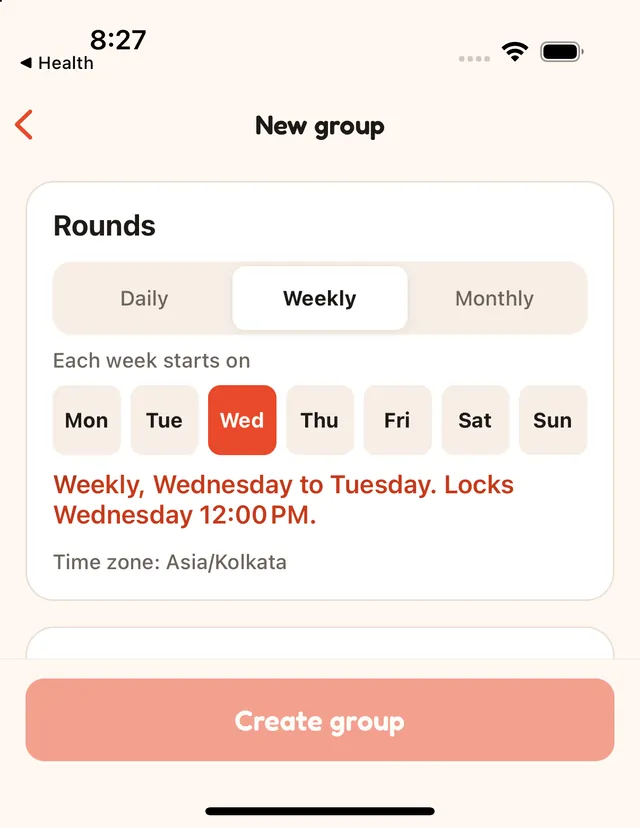 Creating a group and setting its rules: weekly rounds starting on Wednesday, how scoring works and what hand-typed steps do.